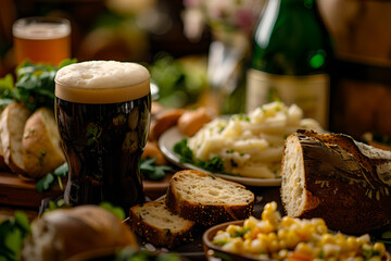 glass of beer and food - obrazy, fototapety, plakaty