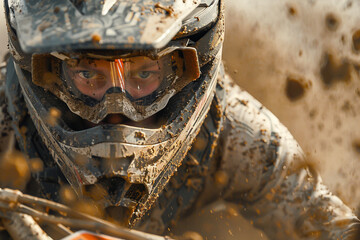 Close up of a motocross racer navigating a sharp turn focused intensity in the riders eyes detailed...