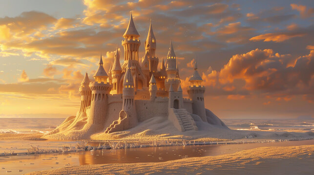 An exquisite and magnificent sand castle on a pristine beach at sunset detailed spires and turrets catching the golden light reflecting the intricate craftsmanship