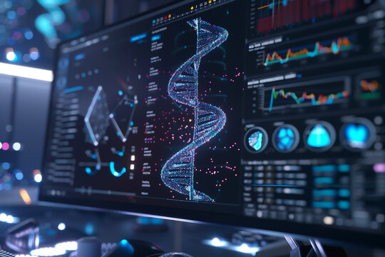 An intricate 3D scene showing the interface of genome editing software from the geneticists POV with digital representations of DNA and genetic tools highlighting the precision of genetic