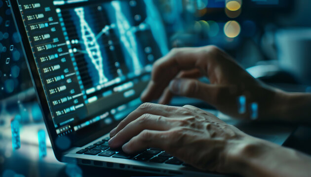 Close up of a geneticists hands typing on a keyboard with the screen showing sophisticated genome editing software visualizing DNA strands and genetic data