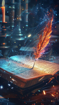 Digital art of a feather quill pen overlaying an open book pages filled with glowing symbols and scripts emphasizing the magic of writing