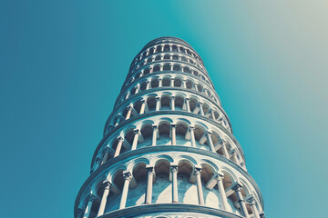 The Leaning Tower of Pisa captured in minimalist photography stark contrast against a clear sky focusing on its unique tilt