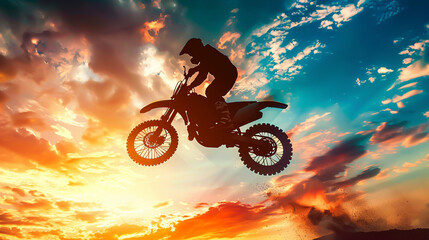 Sunset silhouette of a motocross racer executing a high jump dramatic backlighting outlines the intricate details of the motorcycle against the vibrant sky
