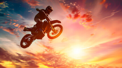 Sunset silhouette of a motocross racer executing a high jump dramatic backlighting outlines the intricate details of the motorcycle against the vibrant sky - obrazy, fototapety, plakaty