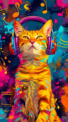 Whimsical illustration of a cat lost in music wearing colorful lifestyle headphones surrounded by musical notes and a vibrant abstract background