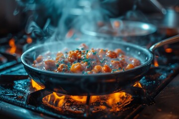 High-quality image capturing the essence of cooking with a freshly prepared meal sizzling in a pan over an open flame