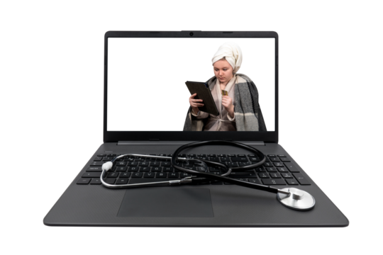 Laptop and medical stethoscope on a transparent background. On the laptop screen - a girl with cold symptoms holds a blister with pills in one hand, and a tablet computer in the other