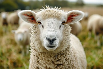A close-up portrait of a fluffy white sheep looking curiously at the camera, surrounded by its flock in a green field