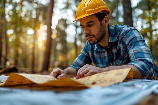 Outdoor image of a male construction worker with a hard hat focused on reading blueprints in a wooded area