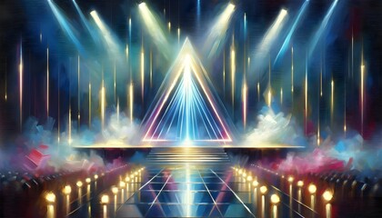 This is an impressionistic painting of a vibrant concert stage with a dynamic light show emanating from a central triangular structure.

 - obrazy, fototapety, plakaty