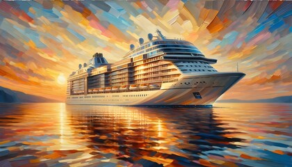 A majestic cruise ship basks in the golden hues of a sunset, reflected on the ocean's surface.

 - obrazy, fototapety, plakaty