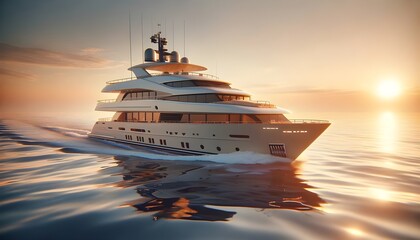 A luxury yacht sails on calm waters as the sun sets, casting a warm glow on the scene.

