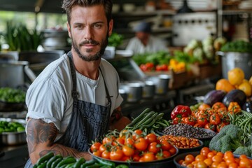 Fototapeta premium A tattooed chef presents fresh vegetables in a kitchen with a focused and professional look