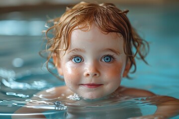 Fototapeta na wymiar A young child with wet hair enjoys swimming, clear water reflecting off the face