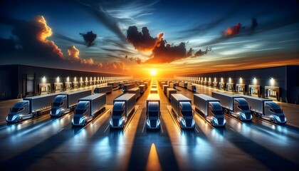 A fleet of futuristic trucks is parked in symmetrical rows at a loading dock, under a majestic sunset sky.

