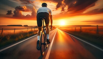 A cyclist is riding towards a setting sun on an open road that stretches into the horizon, with vibrant sunset colors in the sky.

