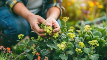 gardener's hands gently care for Alchemilla,is harvesting Rhodiola plants, engaging in the delicate task of nurturing growth and tending to the natural world.