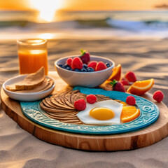 Closeup photo of a nutritious breakfast arranged on a smooth, wooden board.  The scene rests on a beach, with ocean waves softly crashing in the background.
