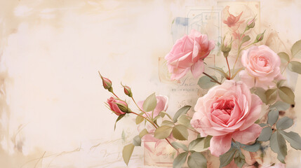 Muted retro floral background with copy space and roses bouquet. Copy space
