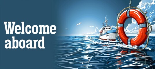 Nautical lifebuoy with ropes, isolated on white background, text  welcome aboard , in cartoon style.