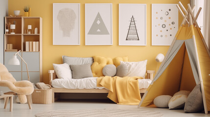 Ramka na obraz lub zdjęcie na ścianie - mockup. Wystrój wnętrza pokoju dziecięcego w żółtych i szarych kolorach - dekoracja	