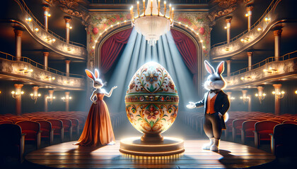 Bunny showcases Easter egg on elegant stage - obrazy, fototapety, plakaty