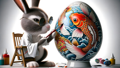 Bunny paints Easter egg with Japanese koi motifs