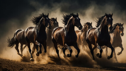 Magnificent group of dark horses in the background - obrazy, fototapety, plakaty