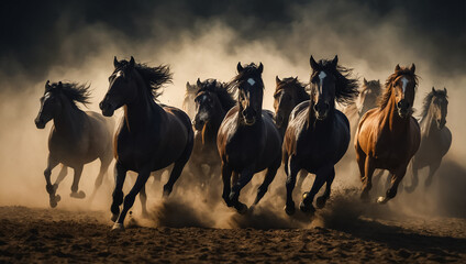 Magnificent herd of dark horses in the background motion
