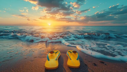 Tranquil seaside scene with sunglasses and flip flops, ideal for vacation concept, space for text - obrazy, fototapety, plakaty