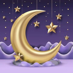 Naklejka premium A design for a Ramadan crescent decorated with an Islamic ornament and illuminated dazzlingly from the inside 