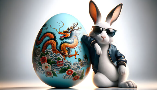 Cool bunny rests by an egg with traditional art