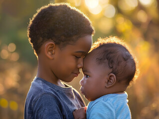 Sweet closeup portrait of young black boy holding his baby brother or sister close.  Loving and caring.
