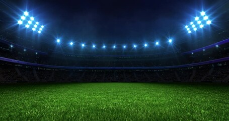 Sports stadium background at night with glowing spotlights. Camera flying over grass field. Professional 4K video loop for sports advertisement.
