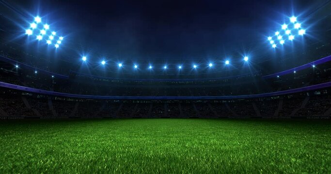 Sports stadium background at night with glowing spotlights. Camera flying over grass field. Professional 4K video loop for sports advertisement.