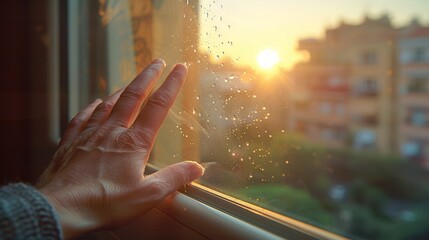 Professional hand cleaning a half dirty window on a sunny day outdoors with sunlight streaming in.