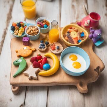 a playful breakfast scene in a child's bedroom: a nutritious meal arranged on an animal-shaped wooden board, surrounded by the cheerful chaos of colorful toys – a perfect image for a closeup p
