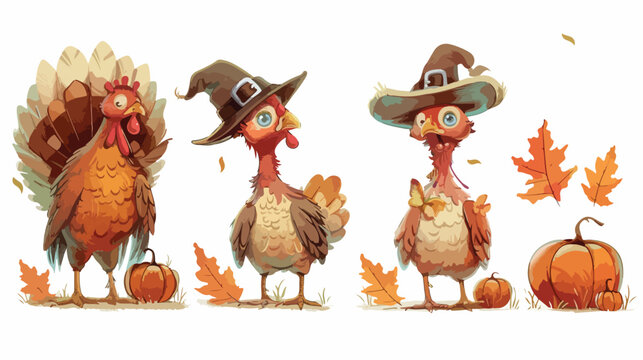 Turkey with pumpkins and hat pilgrim of thanksgiving