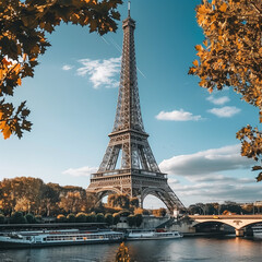 Autumnal View of the Eiffel Tower with Seine River Cruise in Paris - obrazy, fototapety, plakaty
