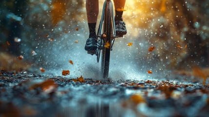 Cyclist speeding over gravel, water and mud