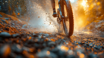 Cyclist speeding over gravel, water and mud