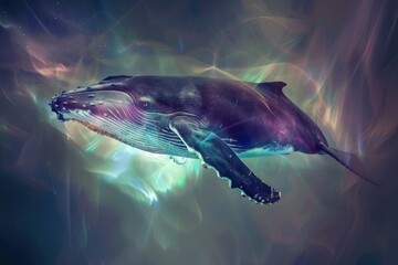 A majestic humpback whale superimposed with the ethereal glow of the Northern Lights in a double exposure - obrazy, fototapety, plakaty