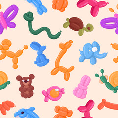Animal shaped balloon patterns. Cartoon animals balloon seamless print, turtle, elephant and bear balloons flat vector background illustrations. Cute animals balloon endless design