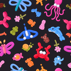 Animals balloon seamless patterns. Cartoon animal shaped balloon print, Birthday party balloons flat vector background illustrations. Animals balloon endless design