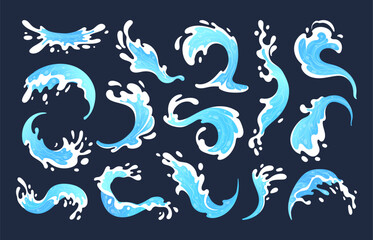 Aqua water splash. Liquid water drops, blue transparent splashes, water flows and waves flat vector illustration set. Clean water splash collection