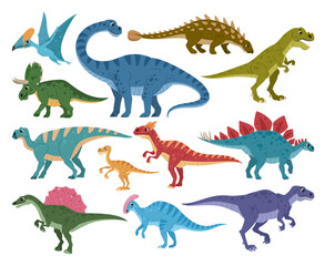Dinosaurs set. Cartoon ancient reptiles, jurassic predators and herbivores, t rex, cute diplodocus, pterodactyl, brontosaurus flat vector illustration collection. Prehistoric dinos