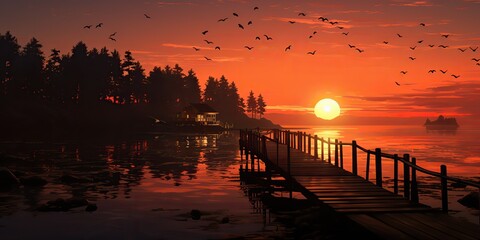 AI Generated. AI Generative. Sunset outdoor nature landscape background with pier at lake with birds. Calm relaxing peace vibe. Graphic Art