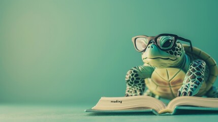 A whimsical image of a turtle figurine with glasses intent on reading an open book