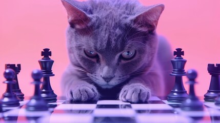 Intense purple hues enhance the focus of a cat contemplating chess pieces, symbolizing strategy and concentration